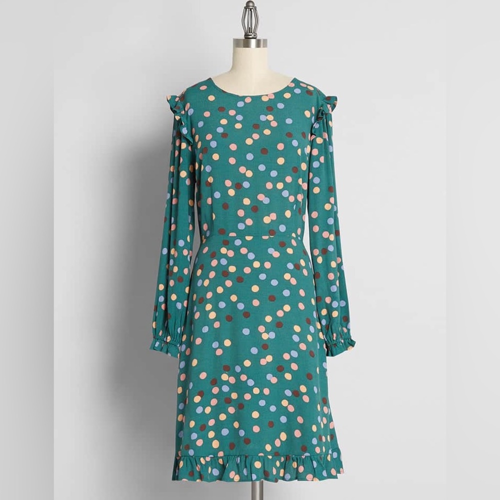 Modcloth Princess Highway Celebrating a Win A-Line Dress in Teal Polka Dots